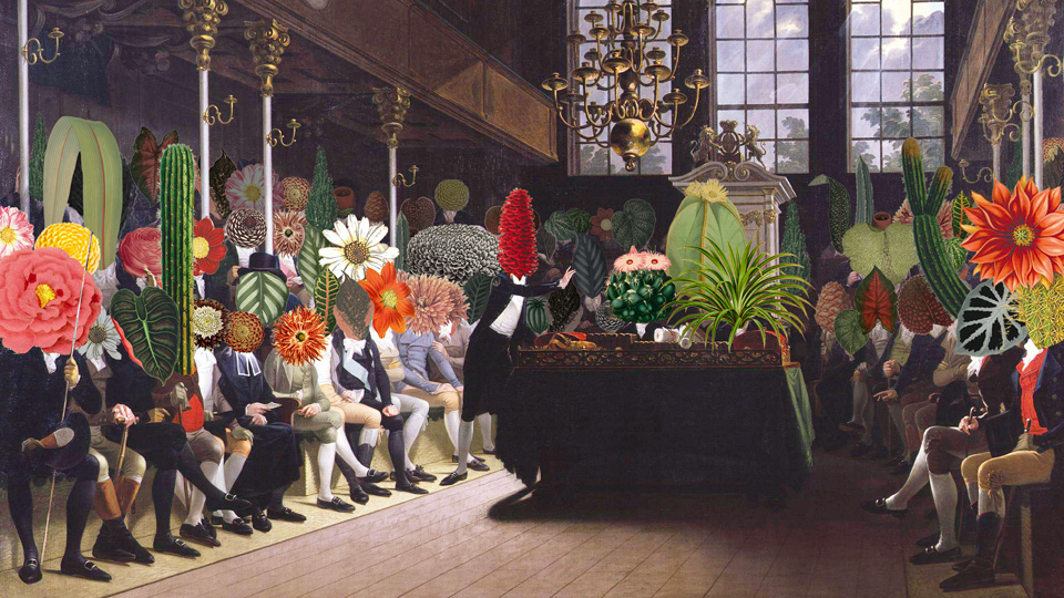 Ein Gemälde mit mehreren Personen die unterschiedliche Pflanzen als Köpfe haben
