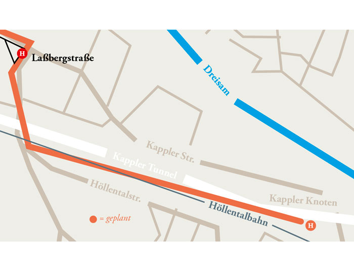 Geplante strecke Stadtbahnverlängerung ­Littenweiler