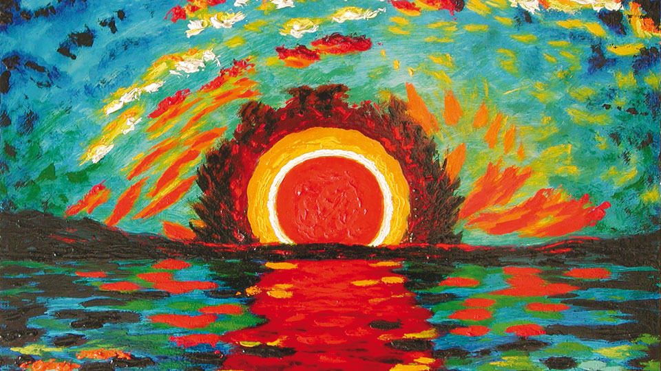 Gemälde von einem Sonnenuntergang in Rot und Blau