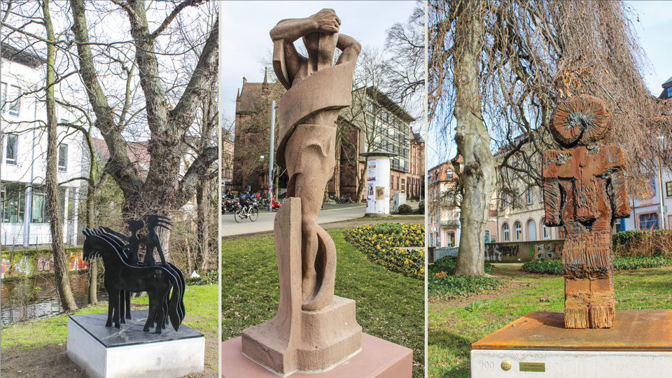 Erinnerungspunkte: Figuren von Jörg Siegele und Peter Zimmermann (r.) bevölkern Orte im Sedan-Quartier und seiner nächsten Umgebung.
