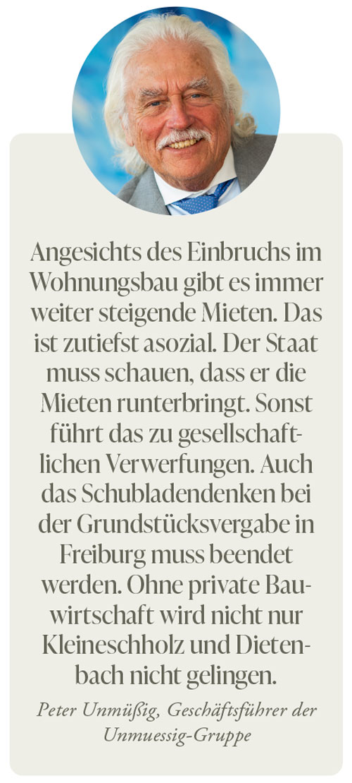 Angesichts des Einbruchs im Wohnungsbau gibt es immer weiter steigende Mieten. Das ist zutiefst asozial. Der Staat muss schauen, dass er die Mieten runterbringt. Sonst führt das zu gesellschaft- lichen Verwerfungen. Auch das Schubladendenken bei der Grundstücksvergabe in Freiburg muss beendet werden. Ohne private Bauwirtschaft wird nicht nur Kleineschholz und Dietenbach nicht gelingen. Peter Unmüßig, Geschäftsführer der Unmuessig-Gruppe