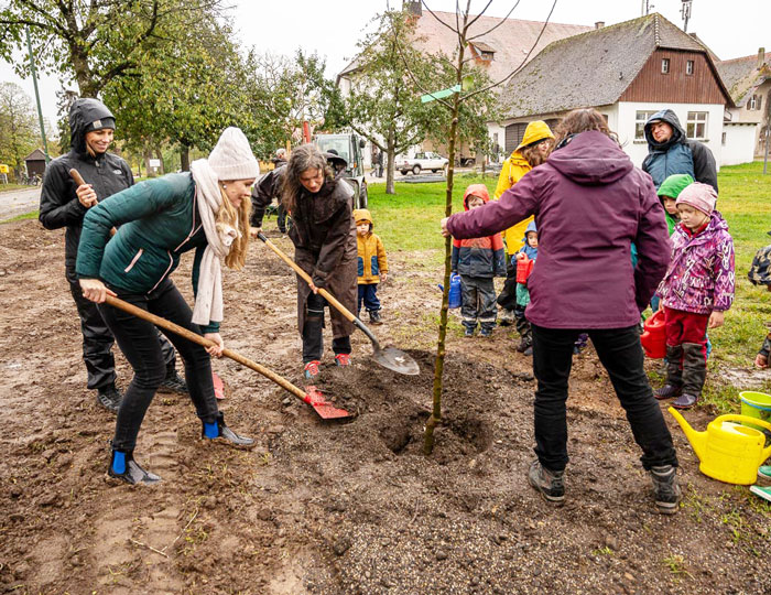 Auf dem Bild pflanzen Erwachsene und Kinder Obstbäume auf dem Mundenhof