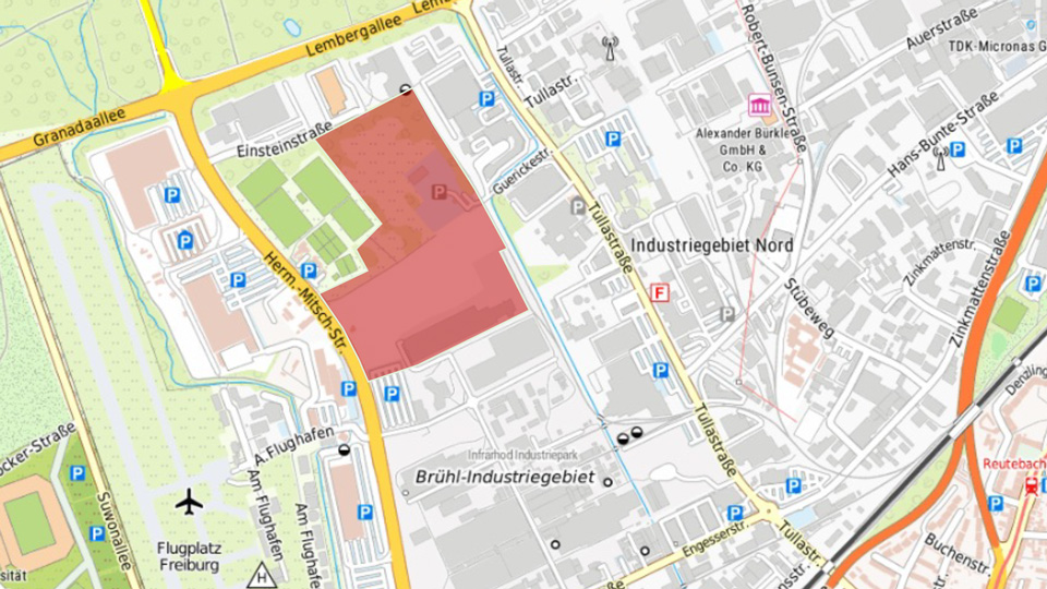 Kartenansicht von der Tulla- und Hermann-Mitsch-Straße in Freiburg