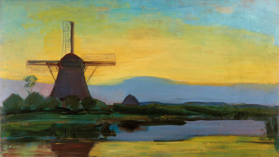 Piet Mondrian: Oostzijder Mühle am Abend, um 1907–1908, Öl auf Leinwand, 67,5 × 117,5 cm