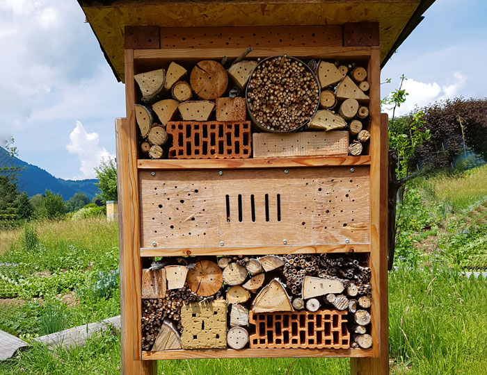 Überdachtes Insektenhotel auf einer Weide mit Berge im Hintergrund